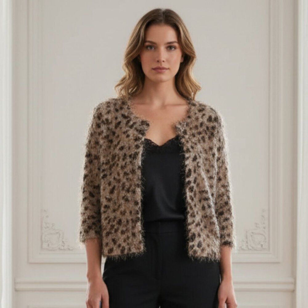 New Directions Animal Print Eyelash Knit Shrug Cardigan Petite Large
